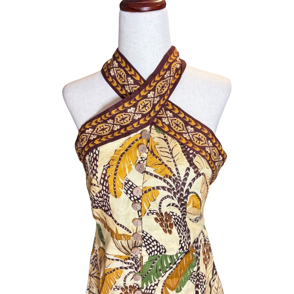 Farm Rio Foliage Sketch Sand Halter Neck Mini Dress Linen Tropical Medium New - Picture 4 of 10